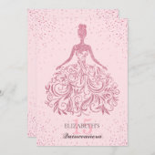 ガーリー赤面スパークルドレスキンセアニラグリッターピンク 招待状 (正面/裏面)