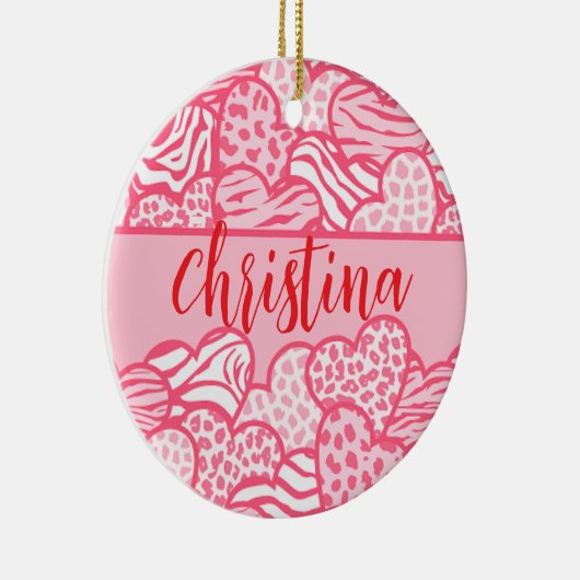 ガーリー赤面ピンクかわいい動物プリントハート名 セラミックオーナメント (右)