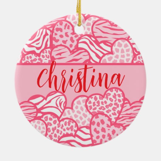 ガーリー赤面ピンクかわいい動物プリントハート名 セラミックオーナメント (裏面)