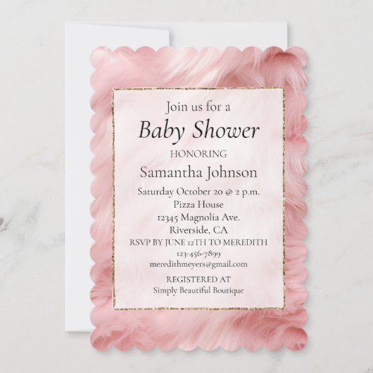 ガーリー赤面ピンクのフェイク毛皮の赤ちゃんシャワー 招待状 (正面)