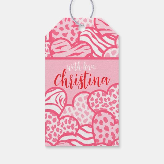 ガーリー赤面ピンクよくはしゃぐアニマルプリントハート名 ギフトタグ (裏面)