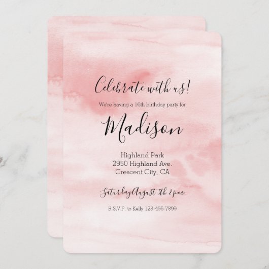 ガーリー赤面ピンクウォーターパーソナライズされた色 招待状 (正面/裏面)