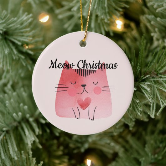 ガーリー赤面ピンクハート猫 セラミックオーナメント (ツリー)