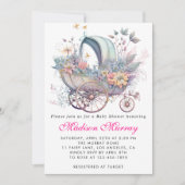 ガーリー赤面ピンクフローラ乳母車ベビーカー赤ちゃんシャワー 招待状 (正面)