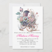 ガーリー赤面ピンクフローラ乳母車ベビーカー赤ちゃんシャワー 招待状 (正面)