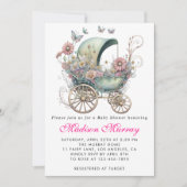 ガーリー赤面ピンクフローラ乳母車ベビーカー赤ちゃんシャワー 招待状 (正面)