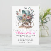 ガーリー赤面ピンクフローラ乳母車ベビーカー赤ちゃんシャワー 招待状 (スタンド正面)