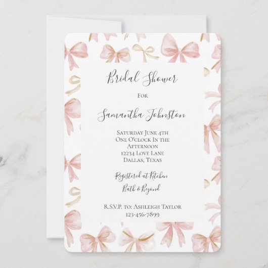 ガーリー赤面ピンクボウズブライダルシャワー 招待状 (正面)