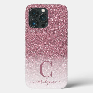 ガーリー赤面ピンクローズ金ゴールドグリッターモノグラグラデーションム iPhone 13 PROケース