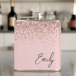 ガーリー赤面ピンクローズ金ゴールドグリッターモノグラム フラスク