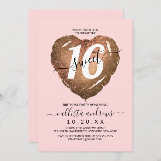 ガーリー赤面金ゴールドグリッターハートバルーンスウィート16 招待状 (正面/裏面)