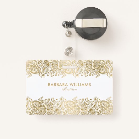 ガーリー金ゴールドオンホワイトフローラペイズリーレース バッジ (裏面リトラクタブル付き)