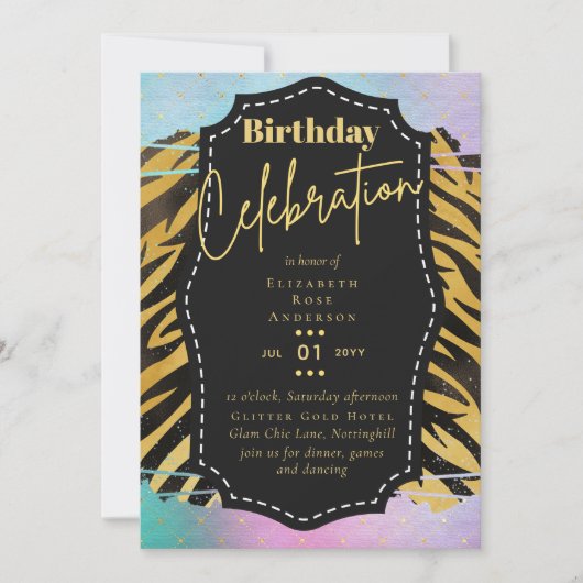 ガーリー金ゴールドグリッターアニマルプリント誕生日ANY年齢 招待状 (正面)