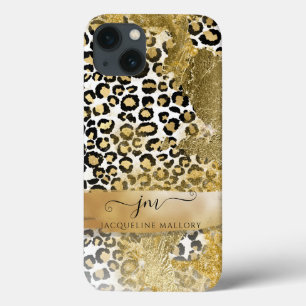 ガーリー金ゴールドグリッターヒョウ紋様モノグラム iPhone 13ケース