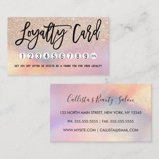 ガーリー金ゴールドグリッター虹色ホログラフィグラデーションー ロイヤリティカード (正面/裏面)