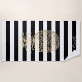 ガーリー金ゴールドパイナップル、白黒ストライプ ビーチタオル (正面)