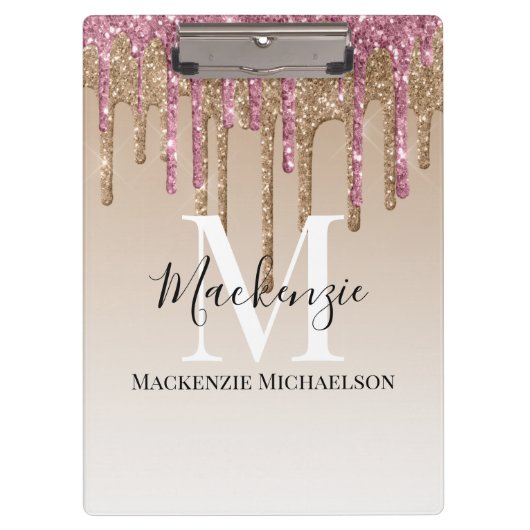 ガーリー金ゴールドピンクグリッターモノグラム名 クリップボード (正面)