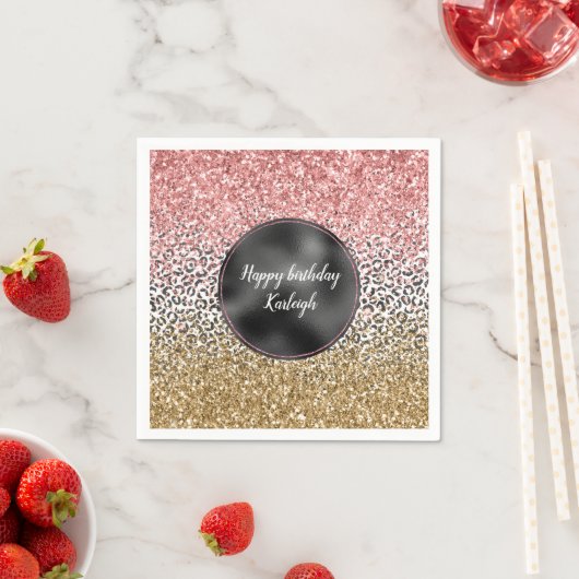 ガーリー金ゴールドピンク白黒レオパード印刷グリッター スタンダードカクテルナプキン (インサイチュ)