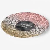 ガーリー金ゴールドピンク白黒レオパード印刷グリッター ペーパープレート (アングル)