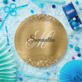 ガーリー金ゴールドフェイク光輝箔モノグラム ペーパープレート (パーティー)