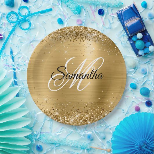 ガーリー金ゴールドフェイク光輝箔モノグラム ペーパープレート (パーティー)