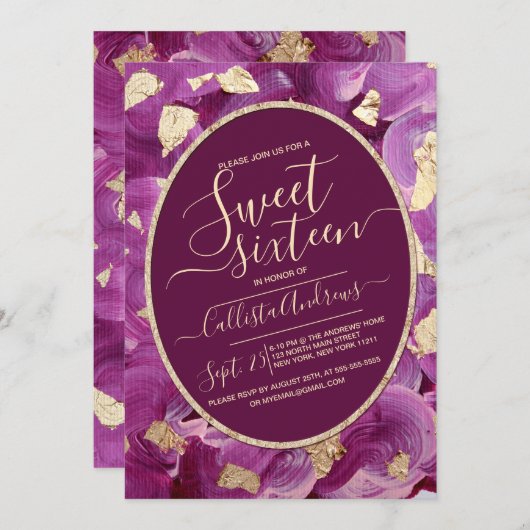 ガーリー金ゴールドプラム薄紫アクリル筆跡スウィート16 招待状 (正面/裏面)