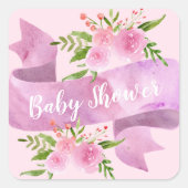 ガーリー, かわいらし，シック，フローラ赤面ピンク赤ちゃんシャワー スクエアシール (正面)