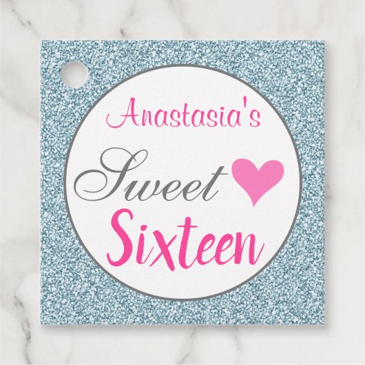 ガーリー&グラムピンクライトブルーグリッターSweet sixteen フェイバータグ (正面)