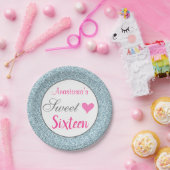 ガーリー&グラムピンクライトブルーグリッターSweet sixteen ペーパープレート (パーティー)