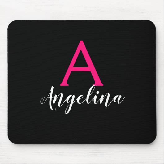 ガーリー&グラムブラック、ホワイト、ホットピンクモノグラム名 マウスパッド (正面)