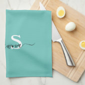 ガーリー シルバーとターコイズのモノグラム アクア スパークル キッチンタオル (四つ折り)