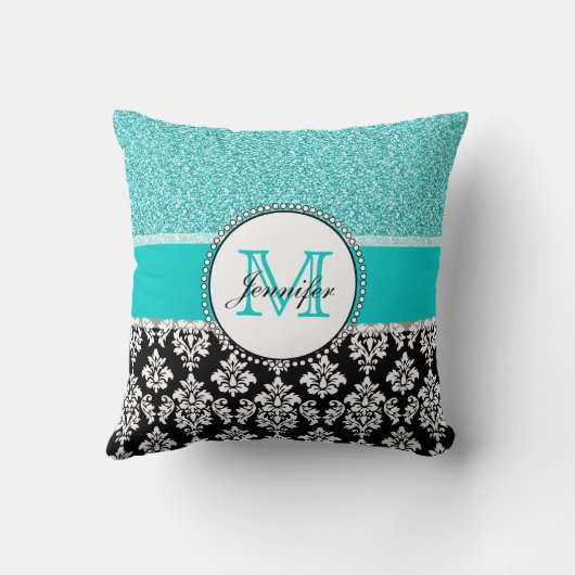 ガーリー,ティール(緑がかった色),グリッターブラックダマパーソナライズされたスク クッション (裏面)