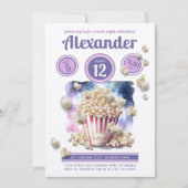 ガーリー パープル ポップコーン 映画の夜 シネマ 水彩 招待状 (正面)