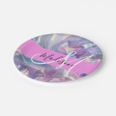 ガーリー ピンク ホログラフィック イリデセント モノグラム 名前 ペーパープレート (アングル)