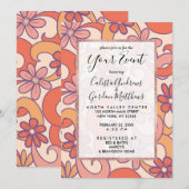 ガーリー レトロ ピンク オレンジ グルーヴィー フラワー 招待状 (正面/裏面)