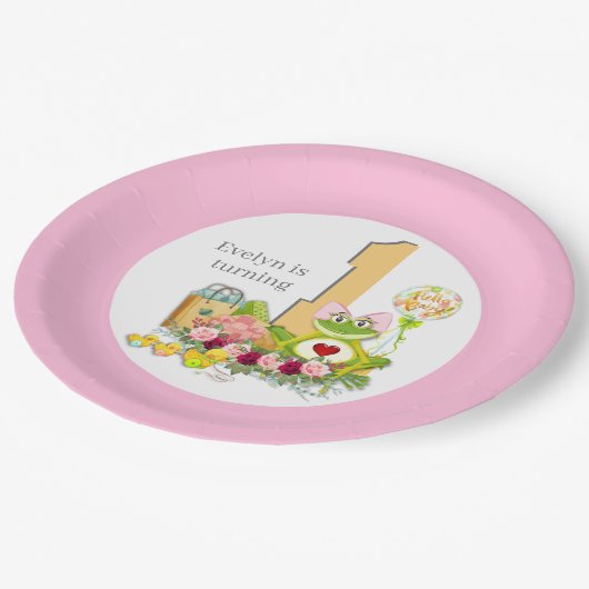 ガールお洒落カエル |パーソナライズされた誕生日 ペーパープレート (アングル)