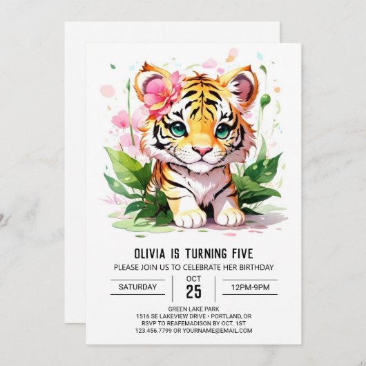 ガールお洒落カスタムタイガー誕生日 招待状 (正面/裏面)