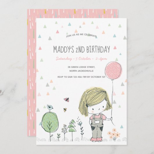 ガールお洒落キッズトドラーズ誕生日招待状 招待状 (正面/裏面)