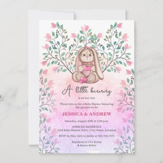 ガールお洒落バニーフローラベビーシャワー 招待状 (正面)