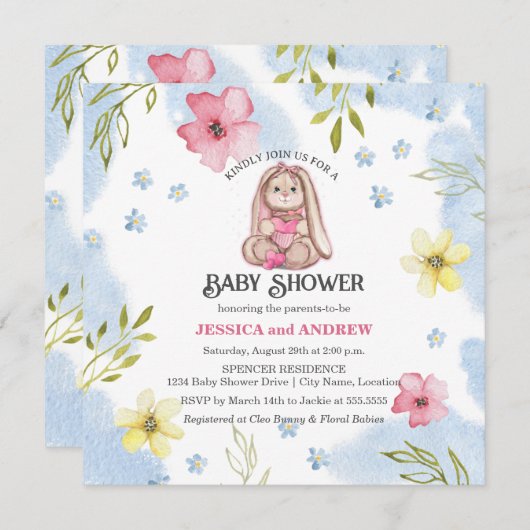 ガールお洒落バニー赤ちゃんシャワー 招待状 (正面/裏面)