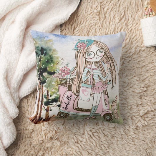 ガールかわいらしボスオンスクーターパーソナライズされた名 クッション (ブランケット)