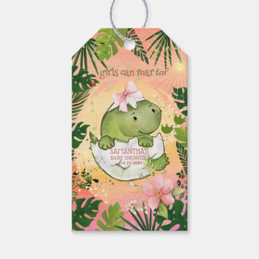 ガールだって吠えられる!恐竜ピンク・ウォーターカラー ギフトタグ (正面)