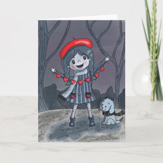 ガールとハートガーランドキッズバレンタインデーカード シーズンカード (正面)