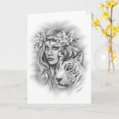 ガールとホワイトタイガーの強さのグリーティングカード カード (黄色い花)
