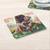 ガールとマジックフォックスファンタジーメドーアートモノグラム スクエアペーパーコースター (アングル)