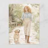 ガールと彼女の子犬の散歩春ガーデン シーズンポストカード (正面)