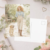 ガールと彼女の子犬の散歩春ガーデン シーズンポストカード