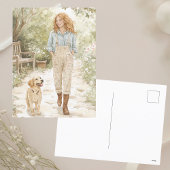ガールと彼女の子犬の散歩春ガーデン シーズンポストカード