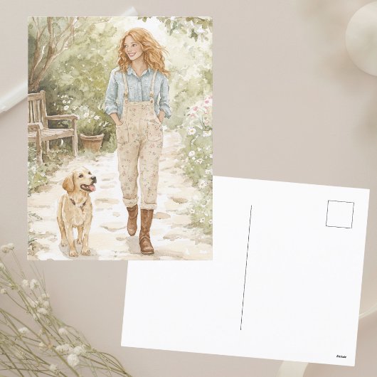 ガールと彼女の子犬の散歩春ガーデン シーズンポストカード