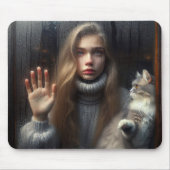 ガールと猫が触れるガラス窓 マウスパッド (正面)